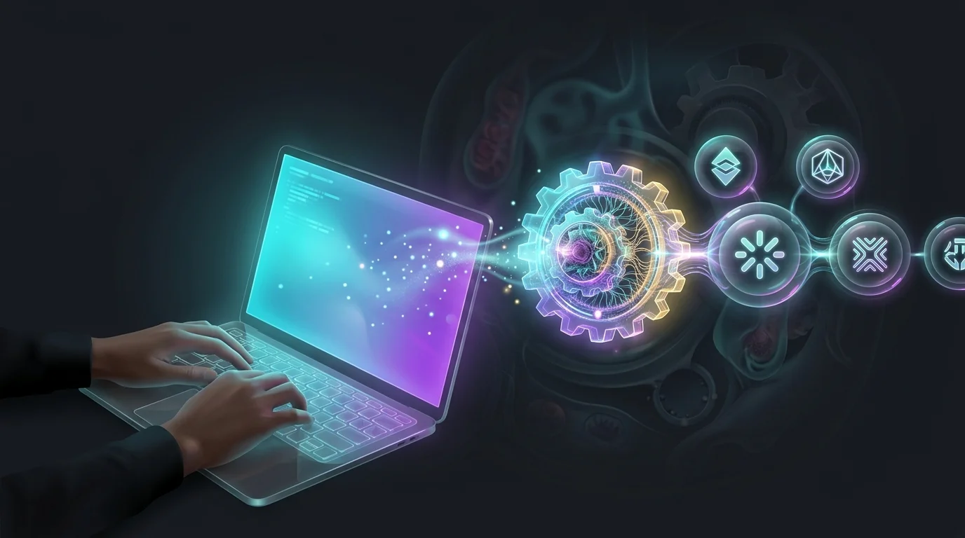Person typing a trading rule on a laptop, with AI tools automating strategy execution across brokerage platforms.