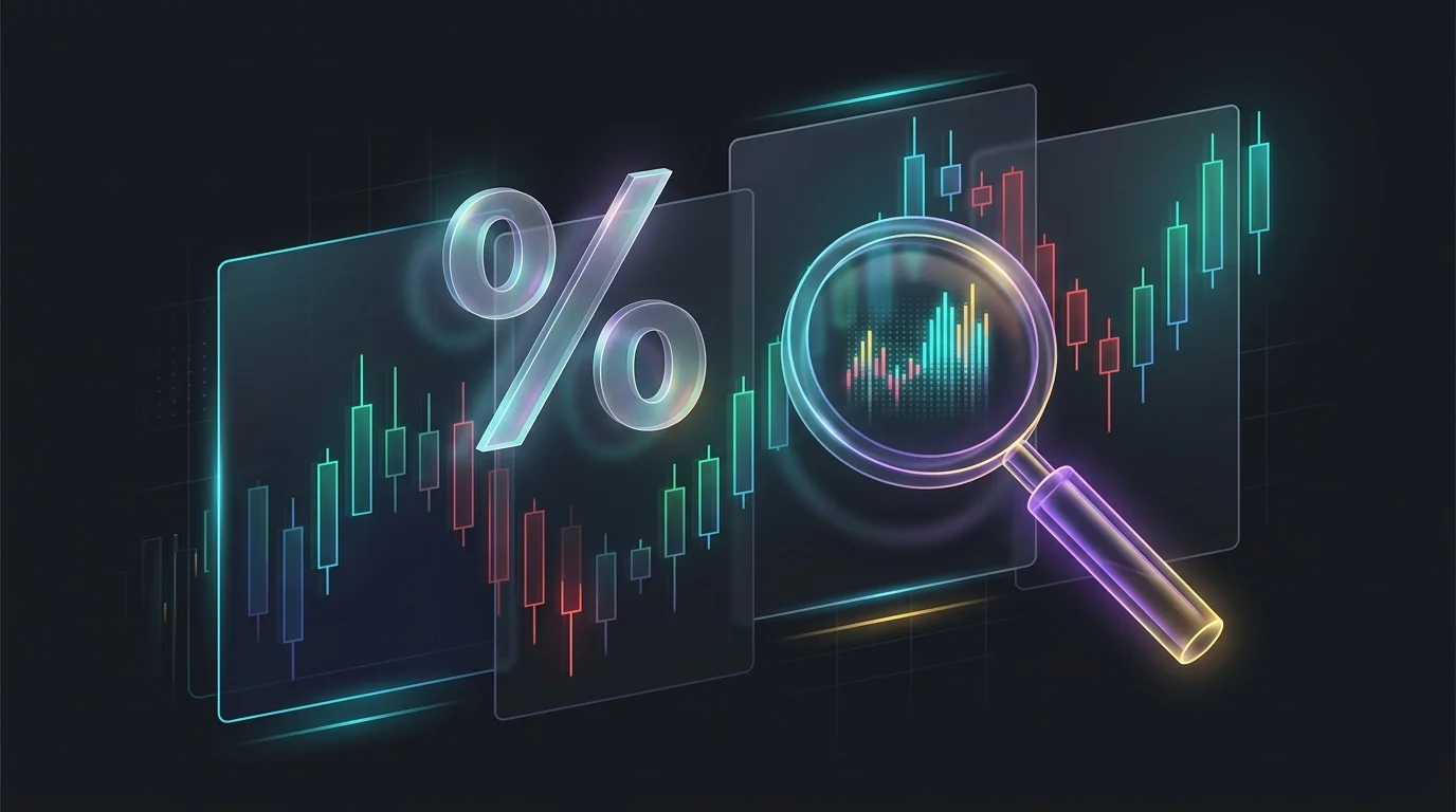 Magnifying glass analyzing a stock chart pattern with a Tickeron confidence score for AI day trading.