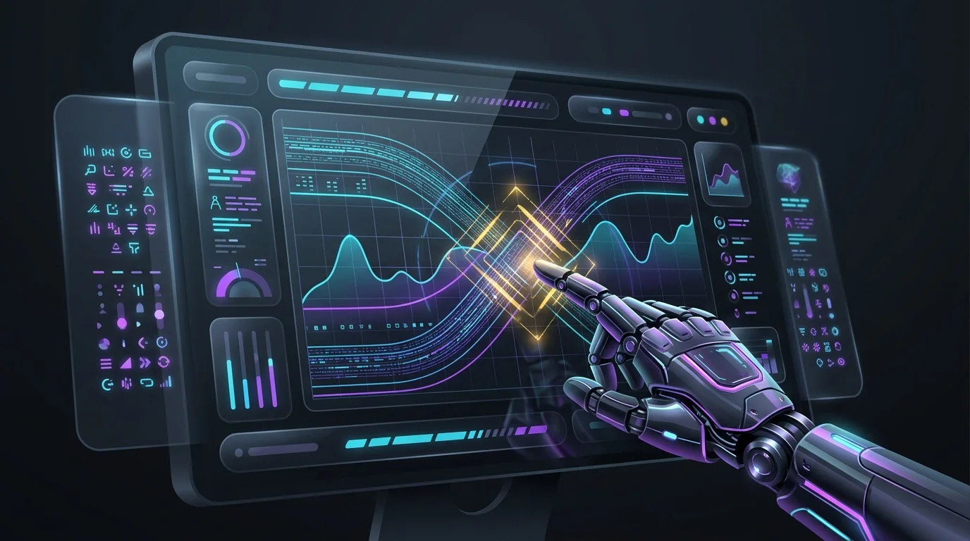 Robotic hand highlighting a high-speed Trade Ideas alert feed on a complex AI trading dashboard.
