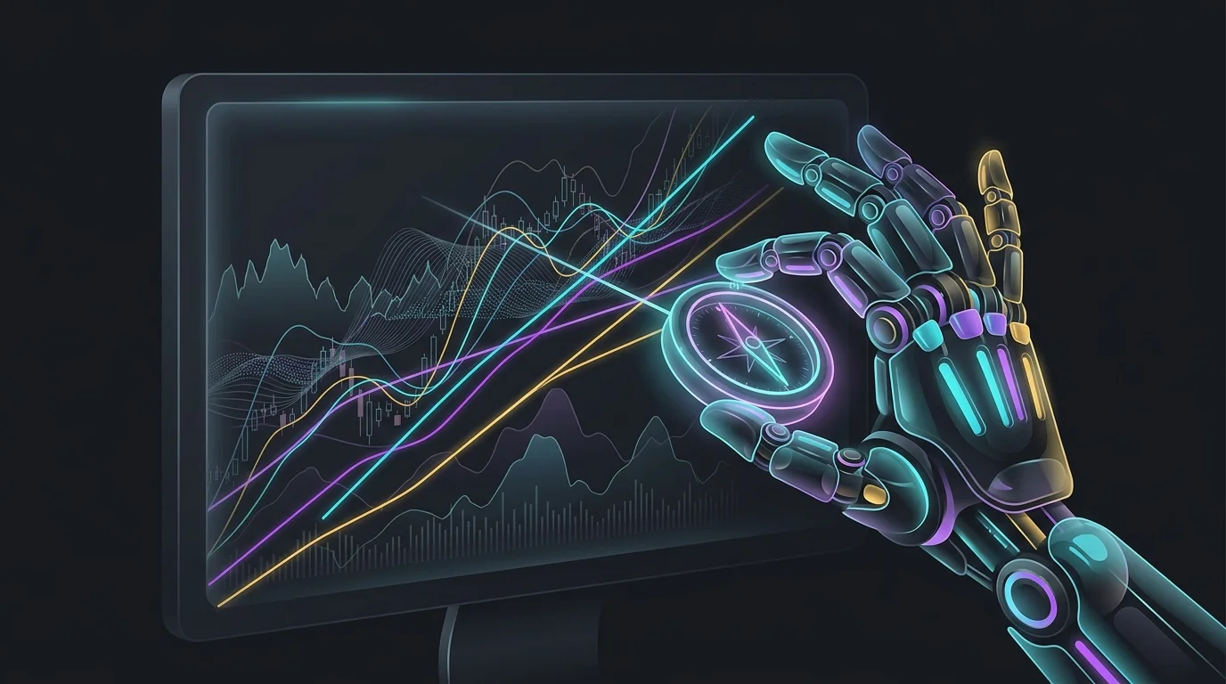 Robotic hand using AI tools to draw precise, automated trendlines on a stock market chart.