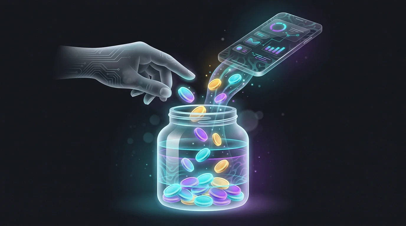 Hand dropping coins into a jar that fills automatically via an Albert AI budgeting app feature.