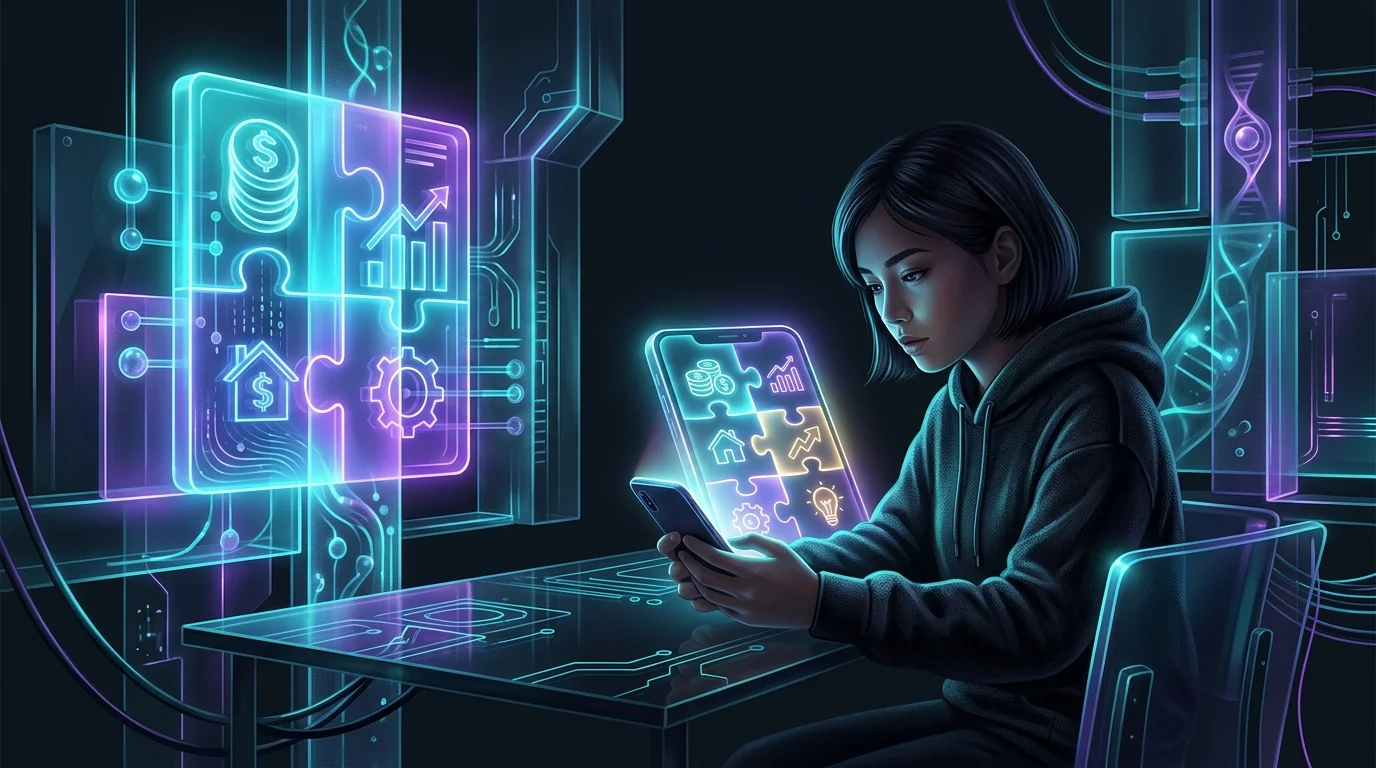 Student looking at a smartphone screen showing an incomplete financial puzzle while using an AI budgeting app.