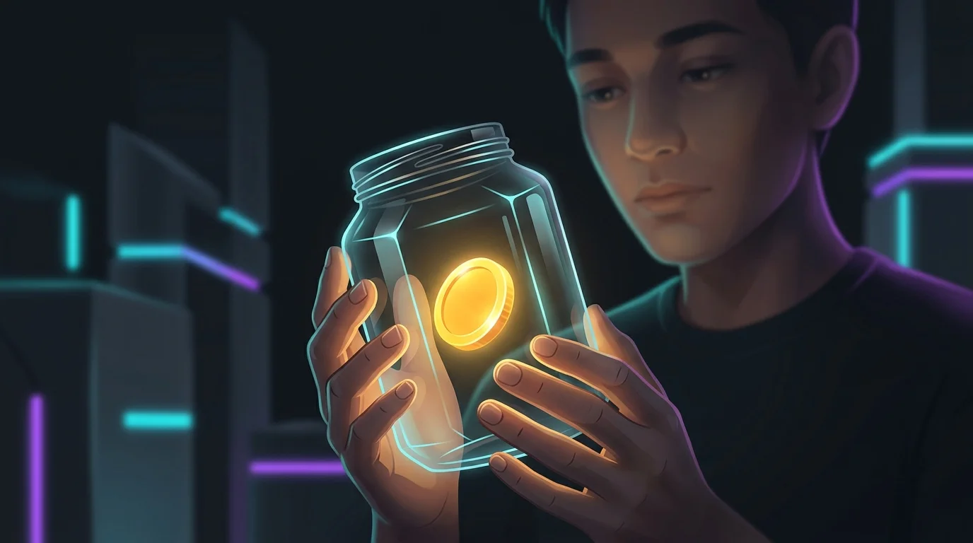 Student holding a glowing coin in a jar to represent the PocketGuard daily budget for college students.