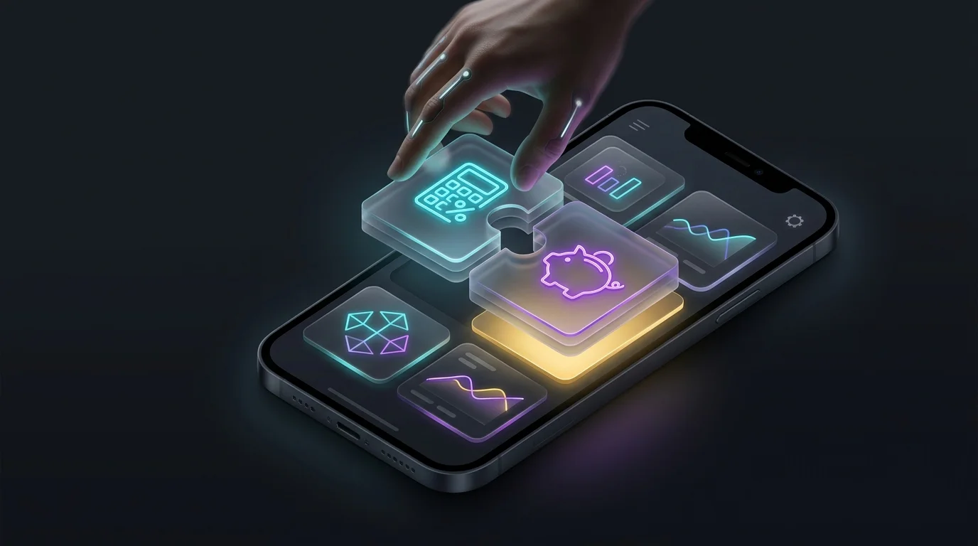 Person connecting tax and budgeting puzzle pieces to form a complete AI money app stack on a smartphone.