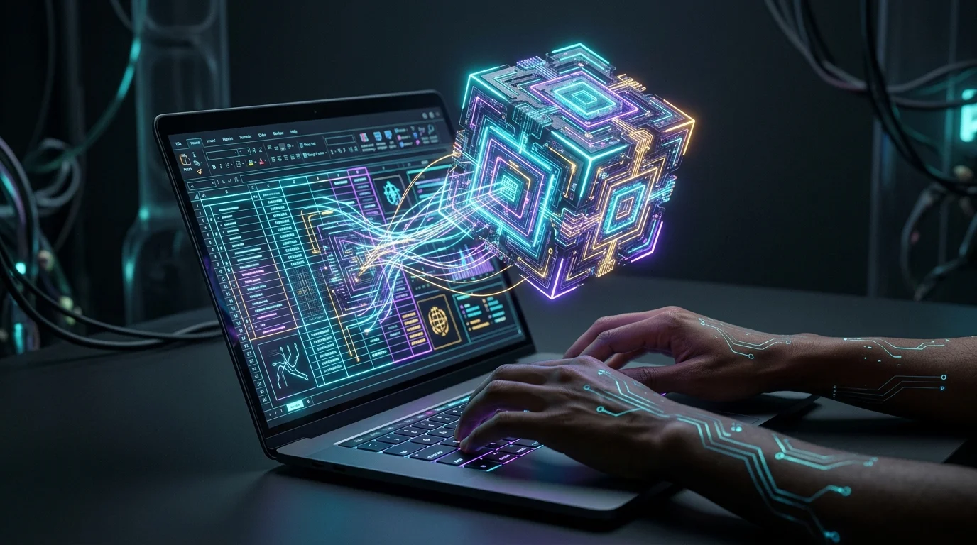 Hands typing on a laptop with a digital cube representing structured AI cash flow forecasting in a spreadsheet.