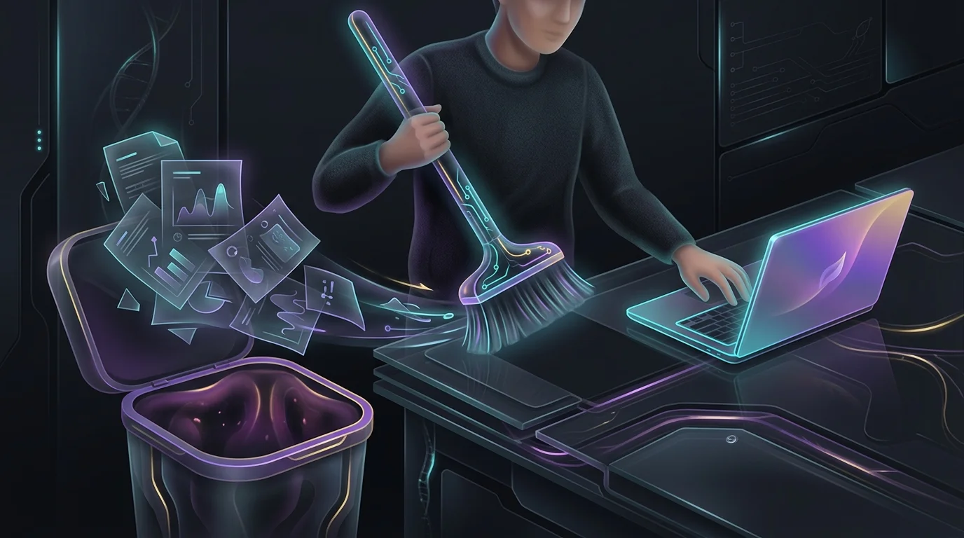 Person cleaning messy financial documents from a desk before setting up AI cash flow forecasting software.