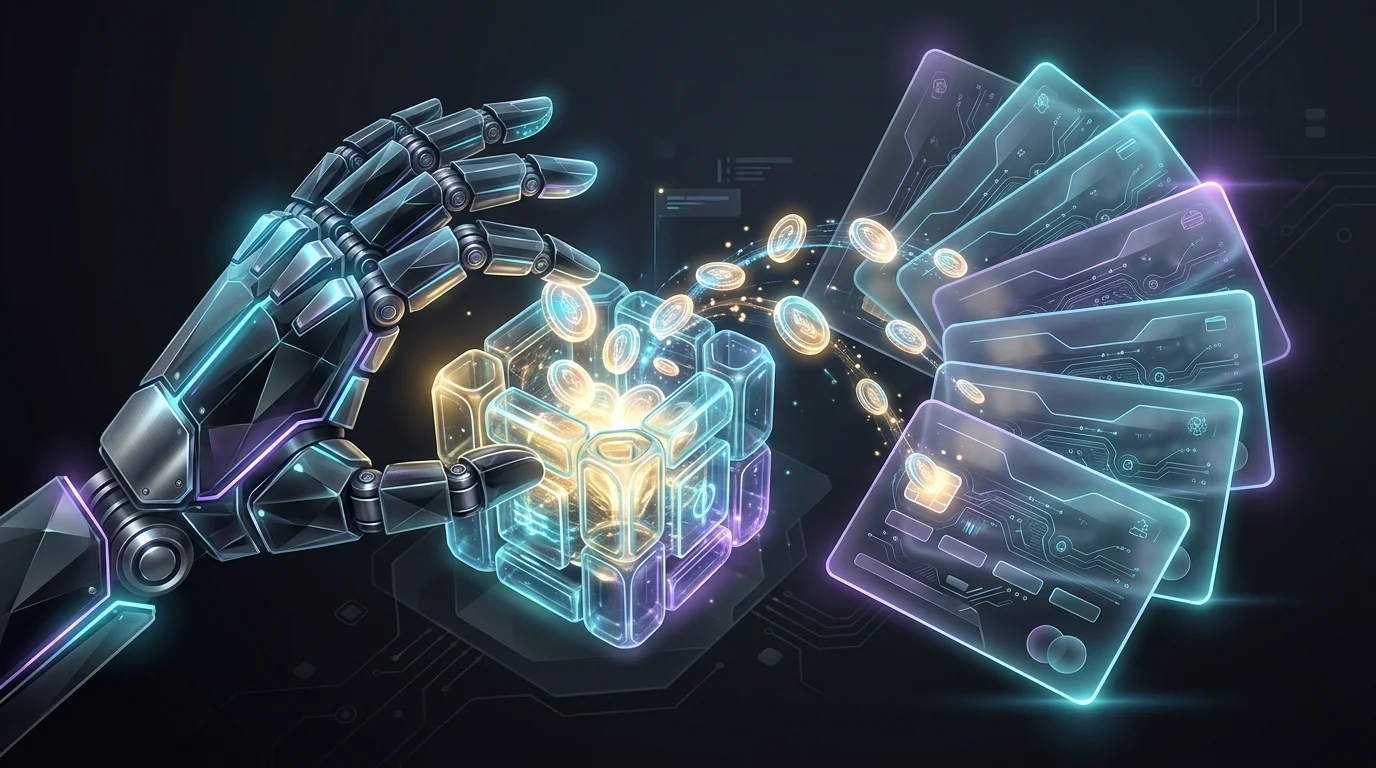 Robotic hand automating Bright Money debt payments by distributing funds across multiple credit cards.