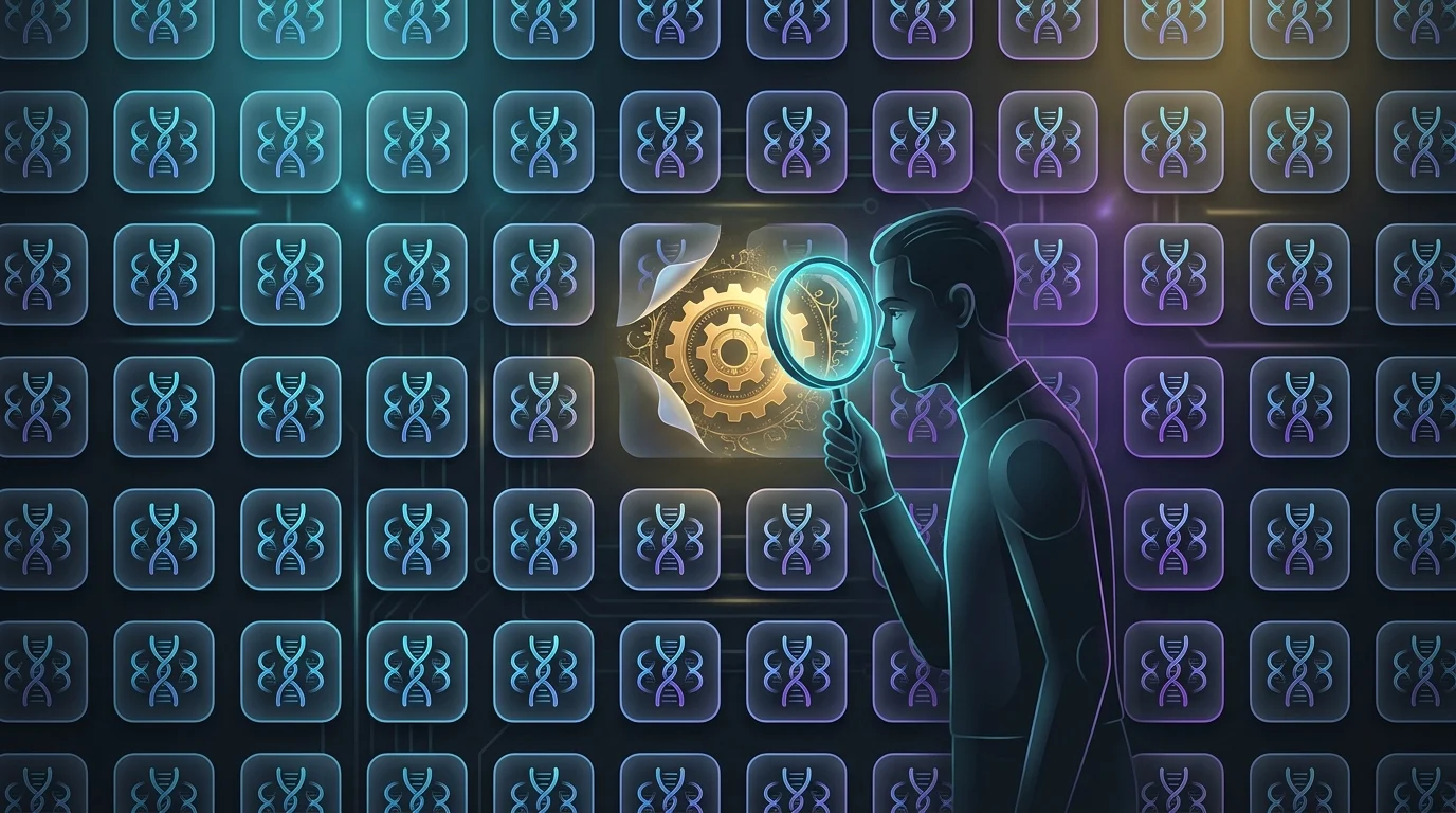 Person using a magnifying glass to find the right debt payoff app among many identical icons.