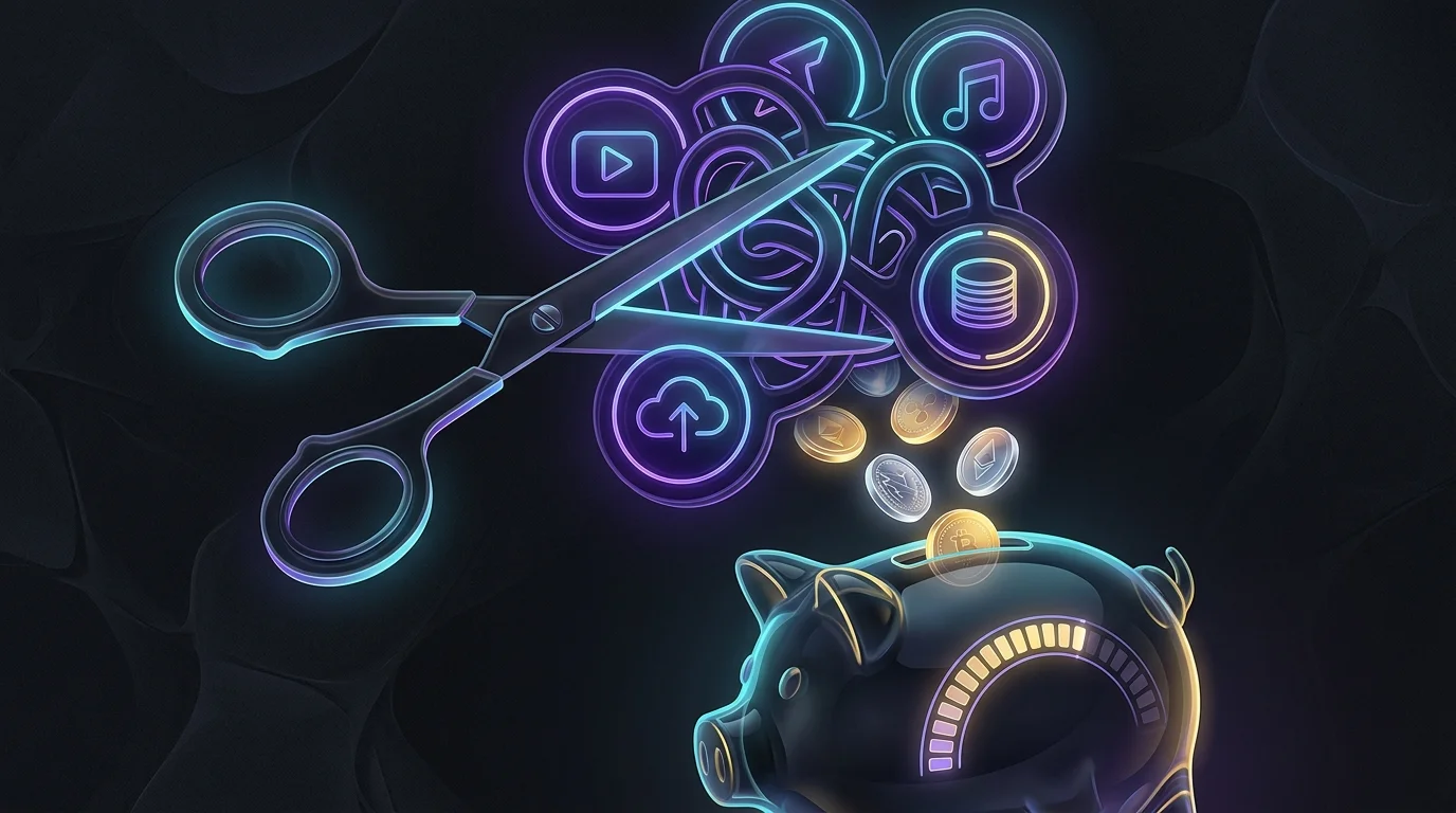Scissors cutting subscription logos to redirect savings into a debt payoff fund using AI debt management tools.