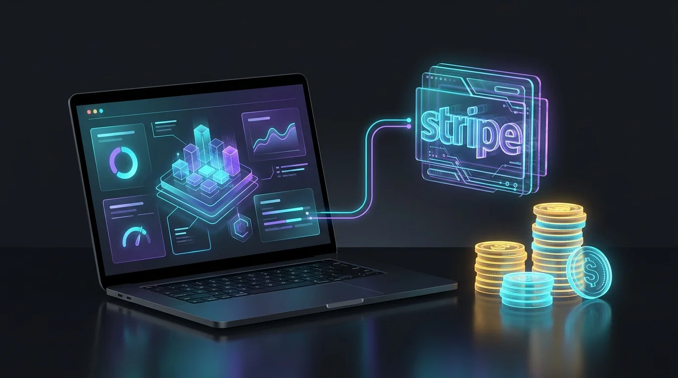 Laptop showing a Zoho Books financial dashboard connected to Stripe with coins representing free AI accounting software.