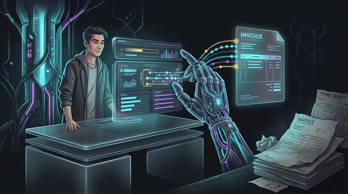 Robotic hand pulling time-tracking data into an invoice to demonstrate superior AI invoicing software workflows.
