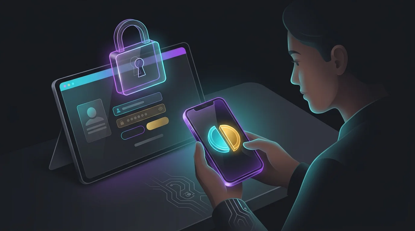 Person at desk viewing Rocket Money account security settings and digital padlock icon on a smartphone screen.