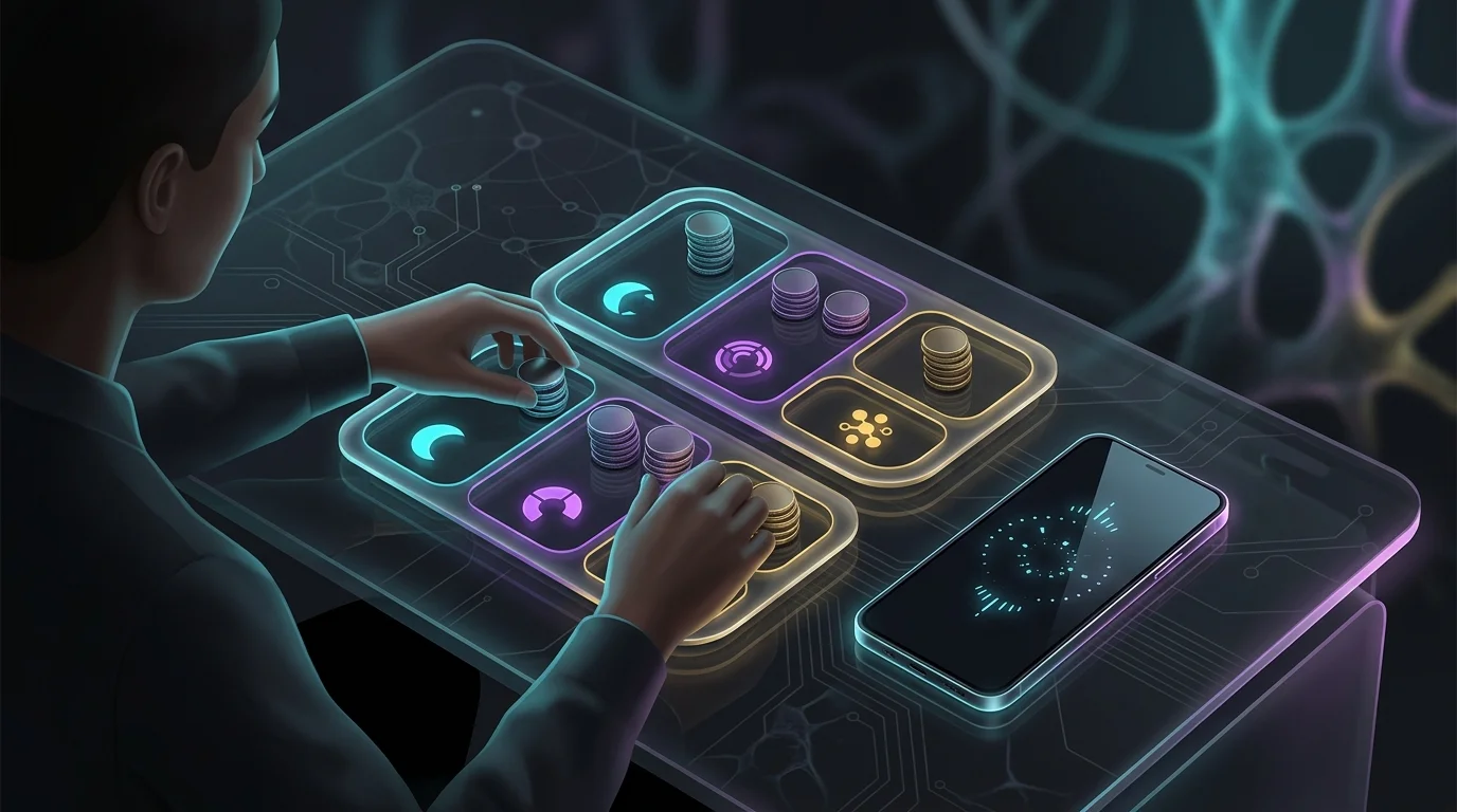 Person organizing coins into labeled trays next to a phone timer to evaluate Copilot subscription costs.