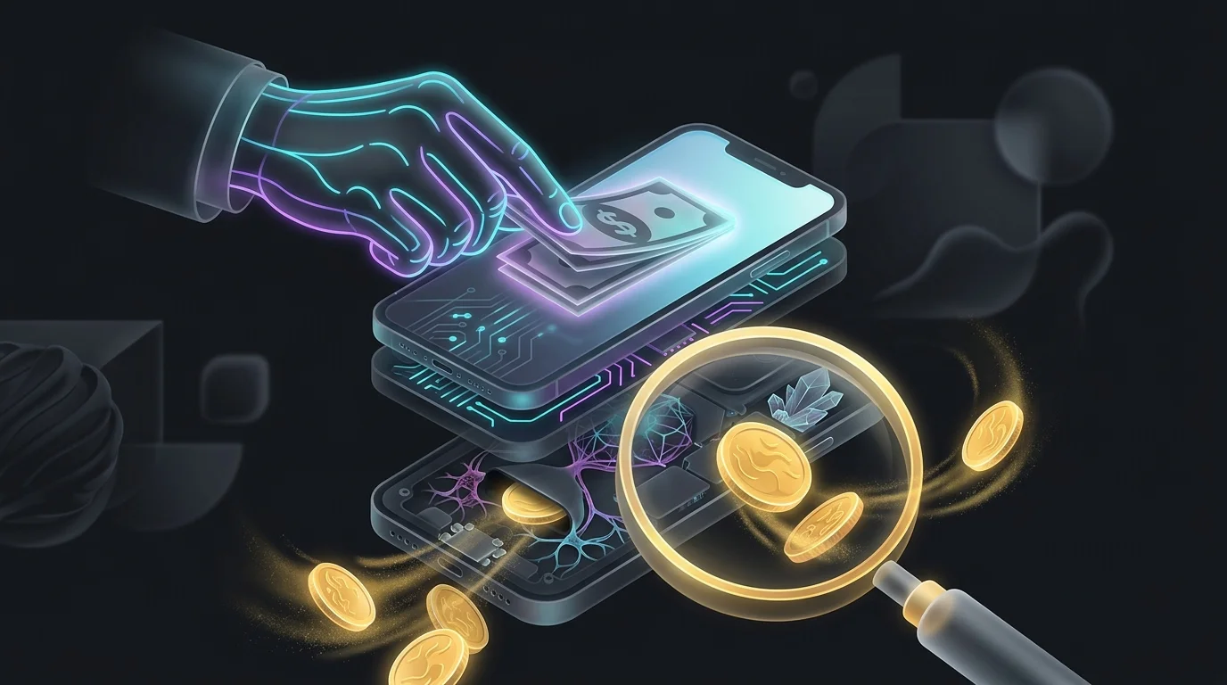 Hands pulling cash from a smartphone with a magnifying glass revealing hidden fees in Cleo's AI budget cash advance.