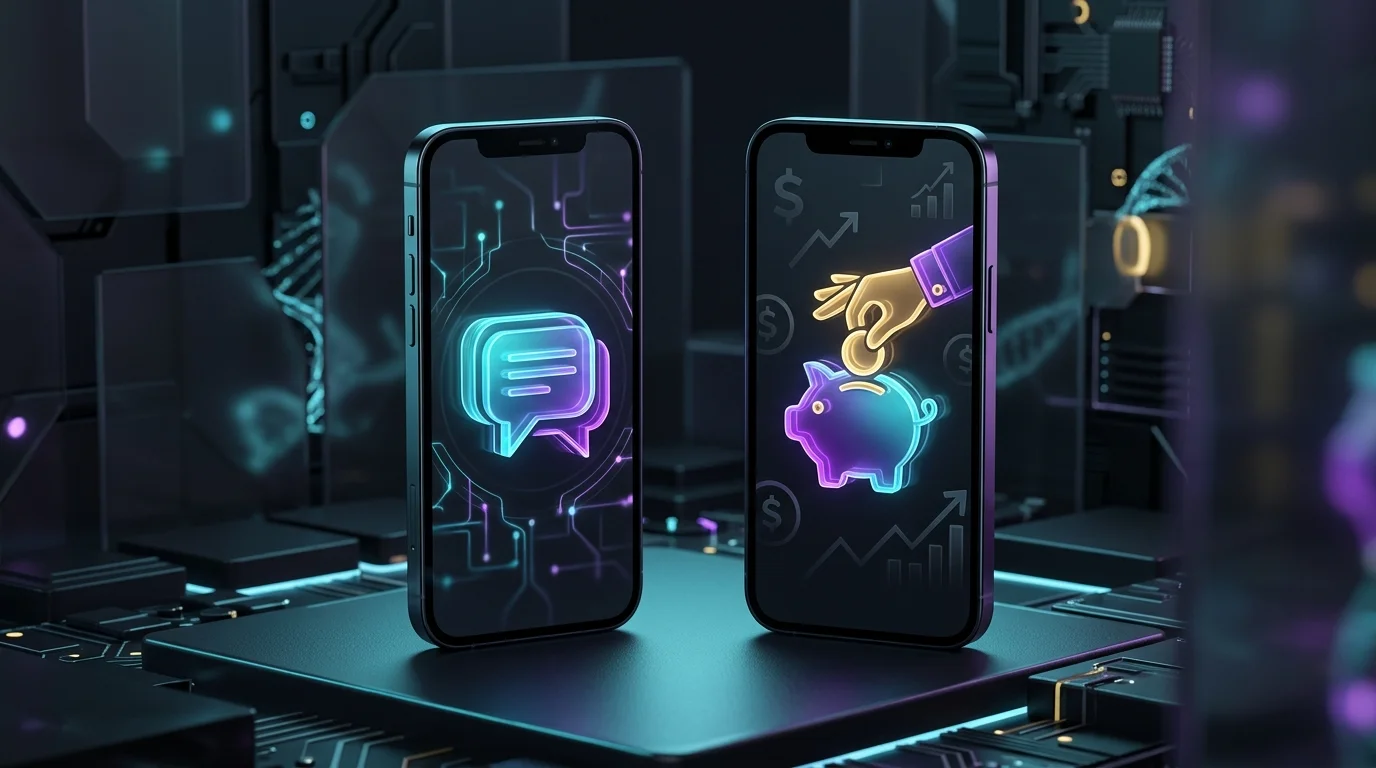Cleo and Albert smartphones side-by-side displaying budgeting chat and human financial expert features.