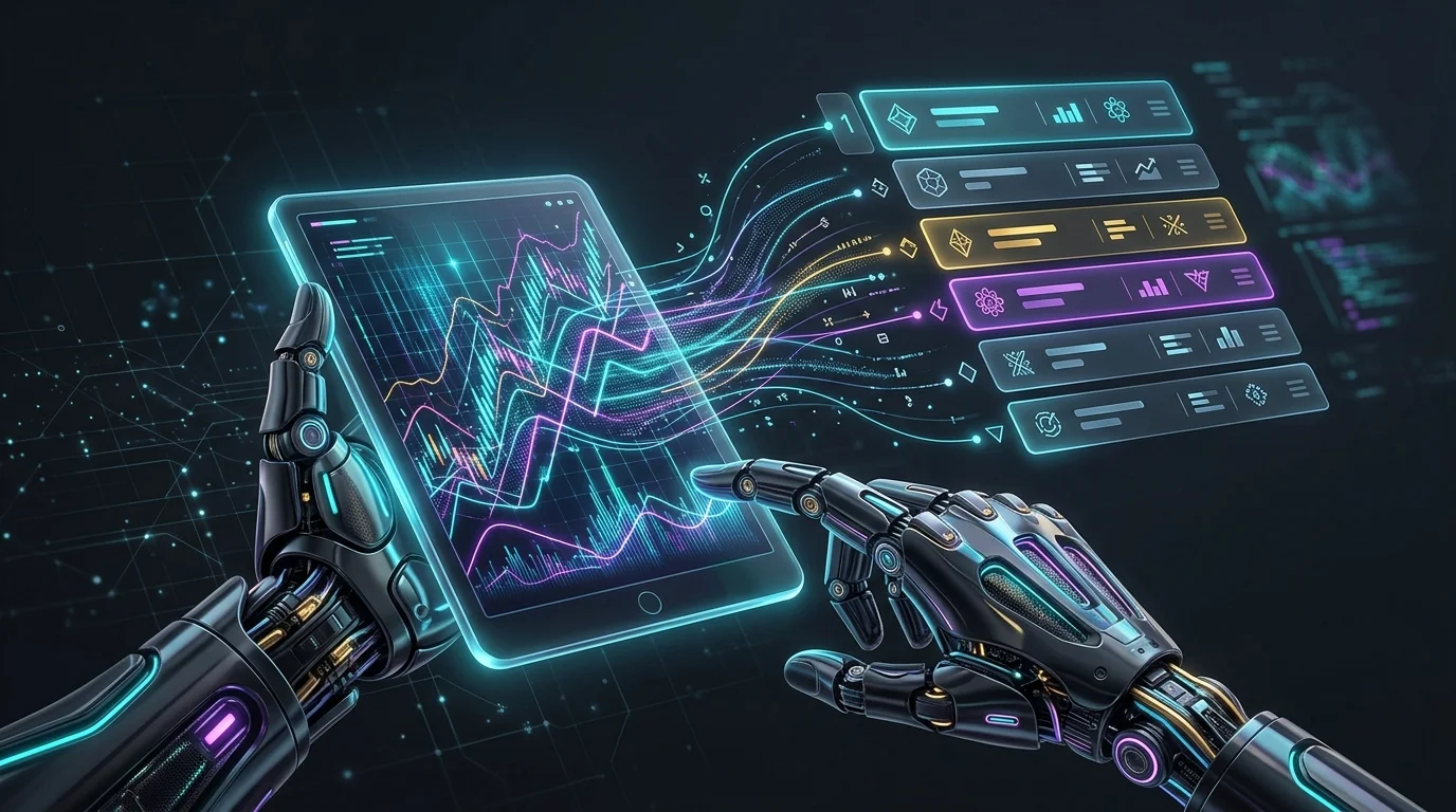 Holly AI robotic hand displaying a ranked list of stock market trade setups for day traders.