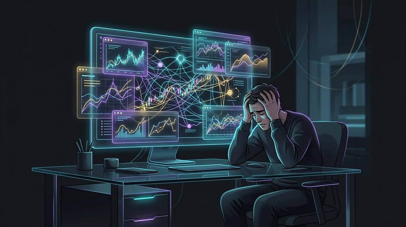 Stressed trader viewing complex Trade Ideas stock scanning charts and data windows on a computer screen.