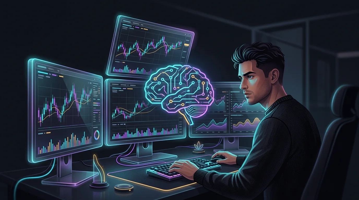 Focused day trader analyzing stock charts with Trade Ideas AI scanning software on multiple monitors.