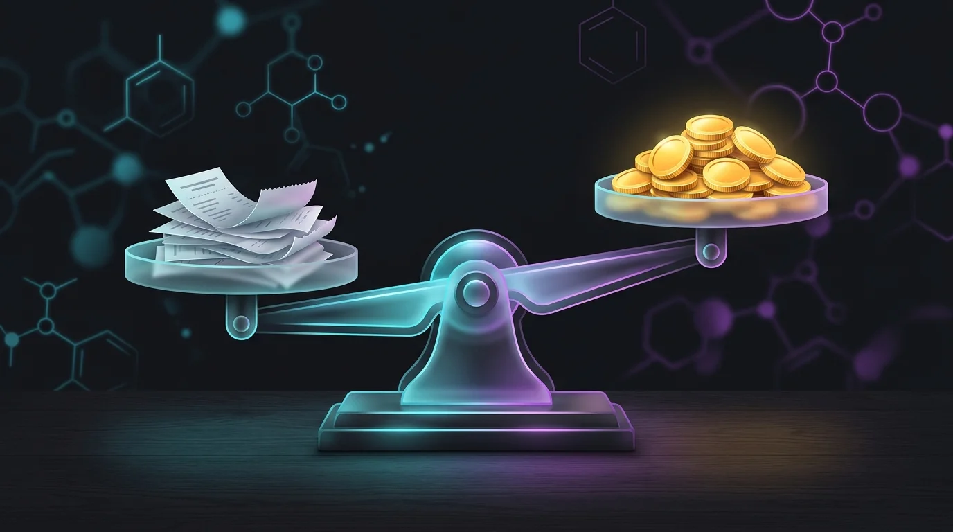 Balance scale weighing tax deduction receipts against gold coins to evaluate FlyFin subscription costs.