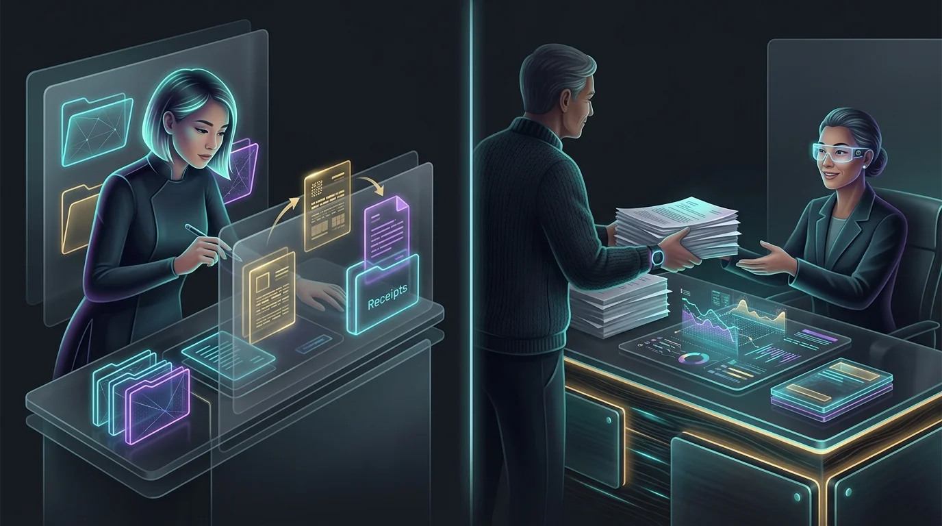 Split screen showing digital expense tracking versus a professional CPA reviewing tax documents for freelancers.