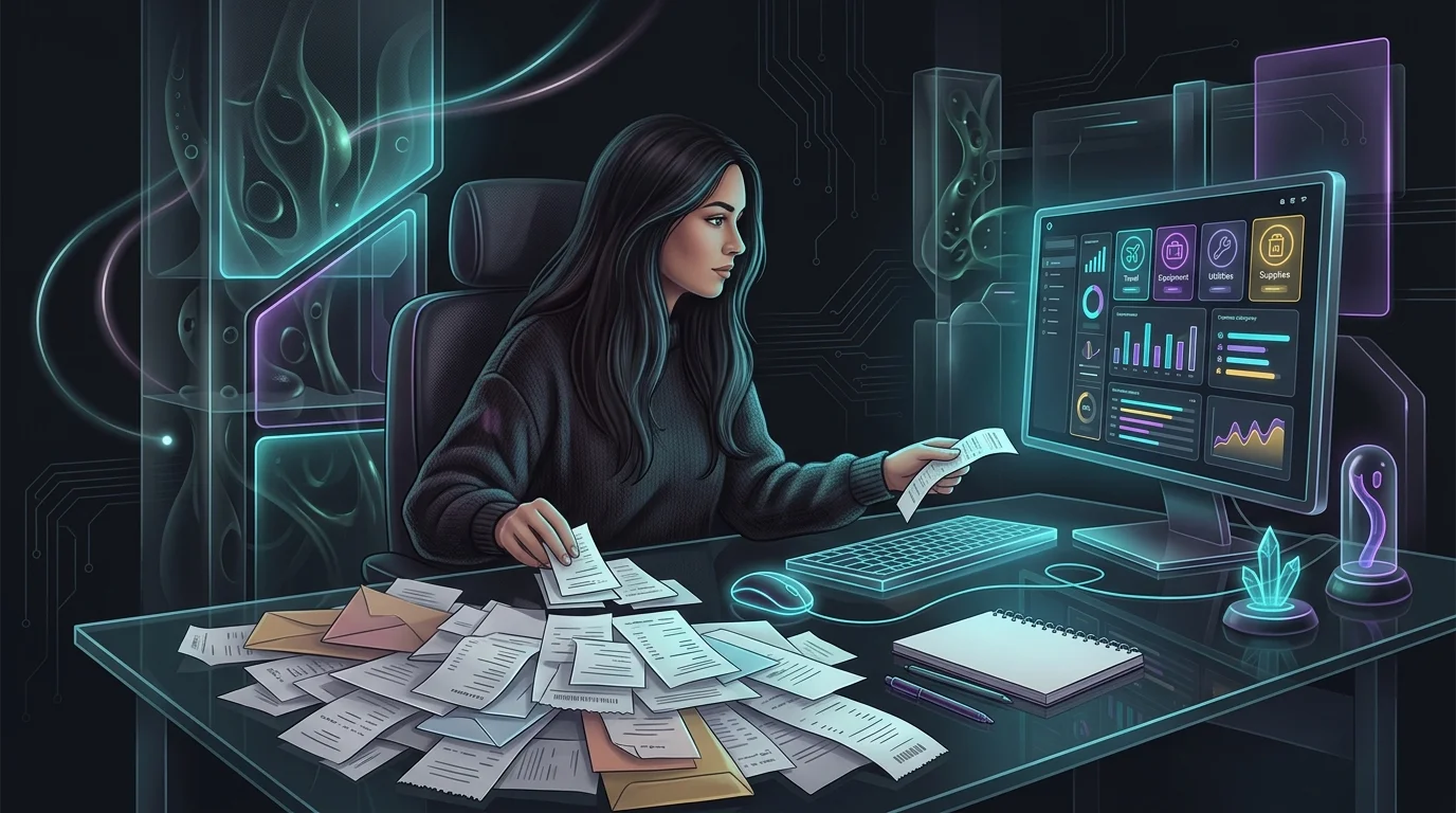 Freelancer sorting mixed personal and business receipts for FlyFin tax expense review on a computer screen.