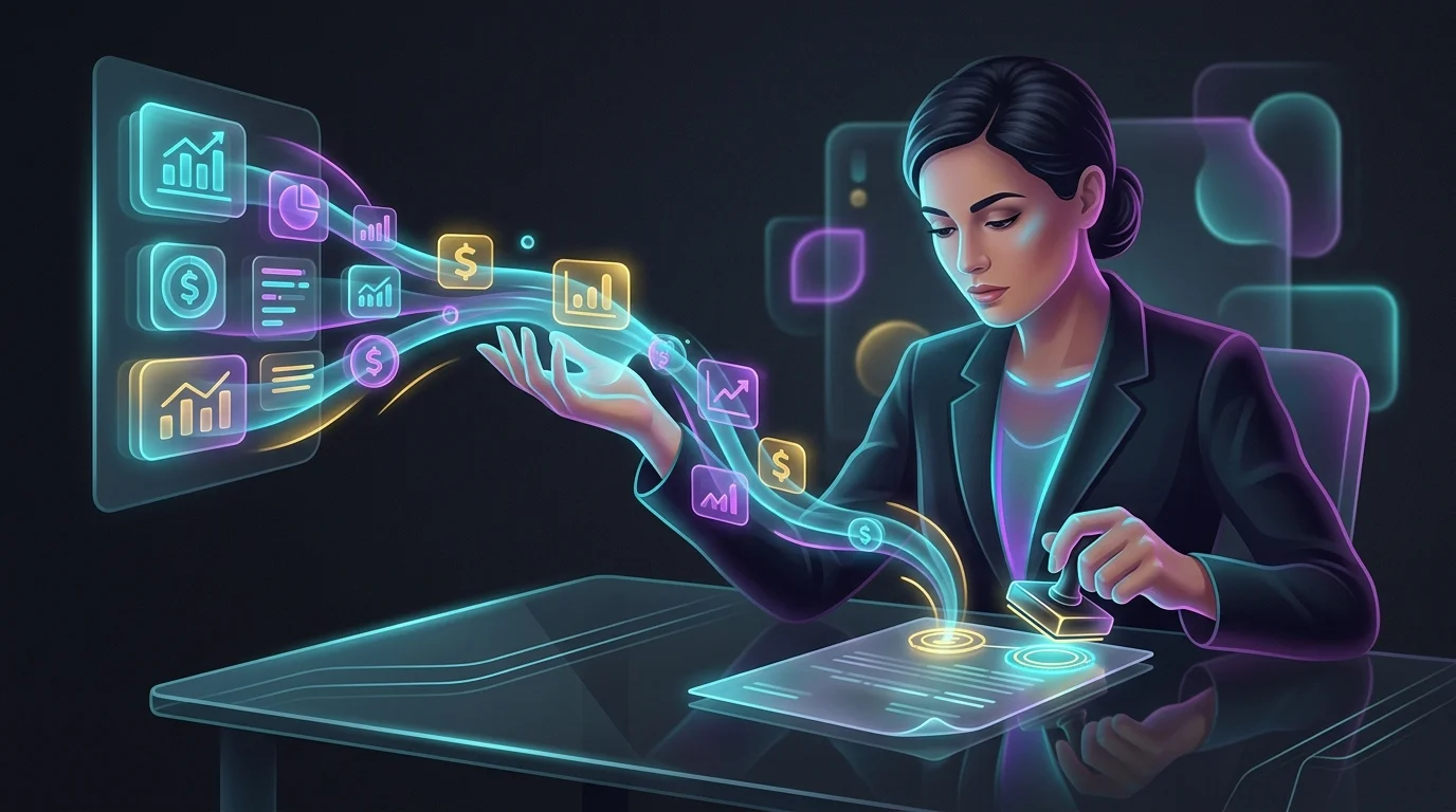Digital interface with financial icons flowing to an accountant for final FlyFin tax deduction review.