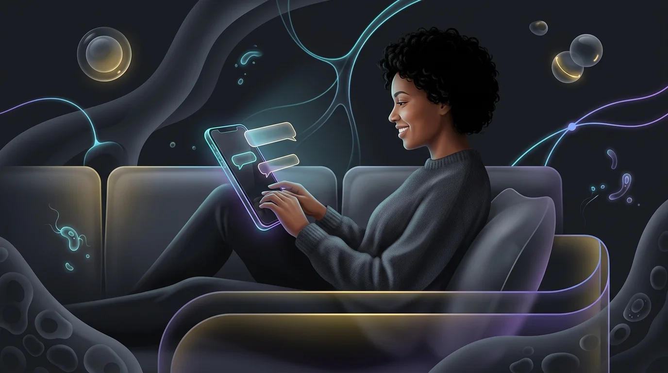 Person smiling while using the Cleo AI chat interface on a smartphone to manage money easily.
