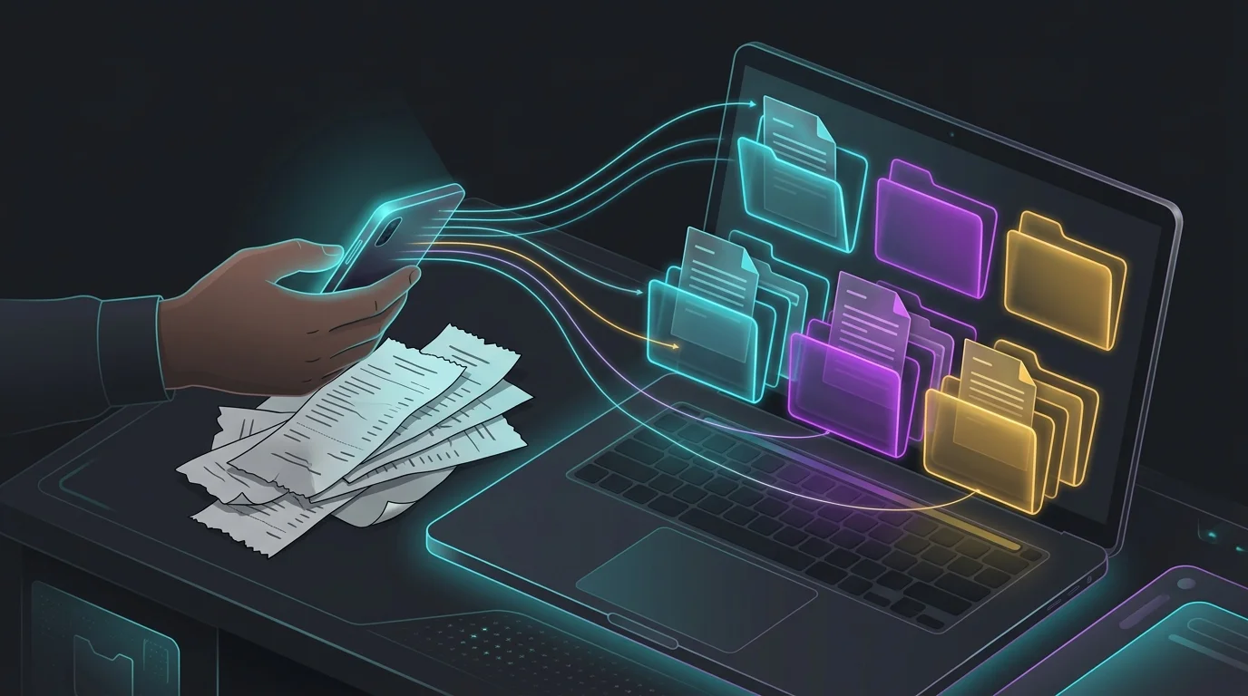 Person using a smartphone to organize messy receipts into digital folders for accurate AI money management.