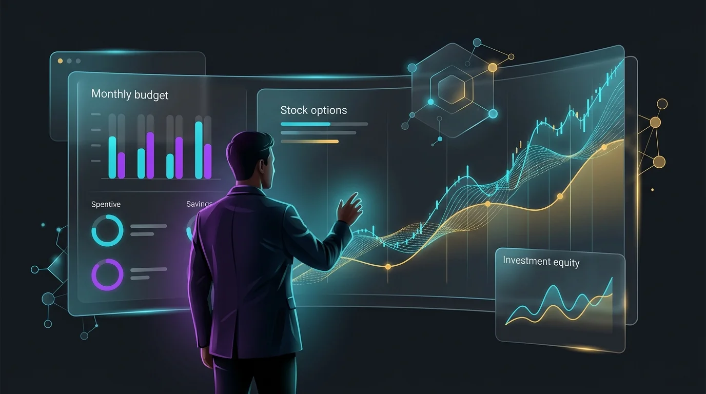Digital dashboard merging monthly budgets with rising RSU and stock option equity for AI money management.
