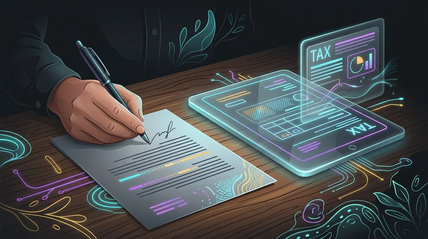 Hand signing a tax document next to a digital tablet, representing the legal requirement for human tax filing.
