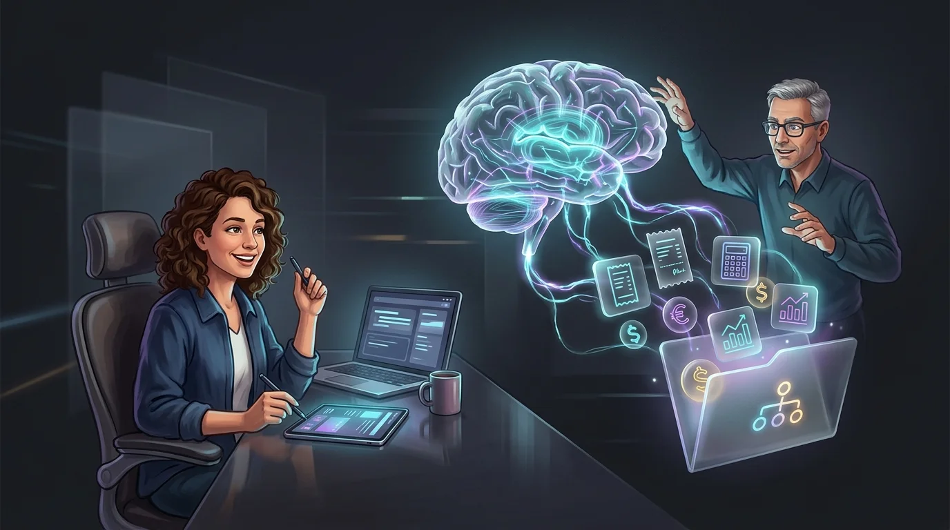 Freelancer collaborating with AI and a human accountant to organize tax deductions and business expenses.