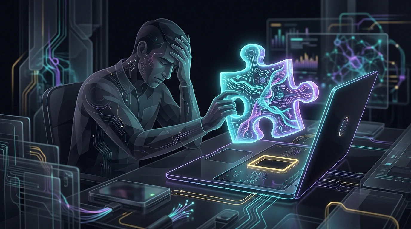 Person struggling to fit a complex puzzle piece into a laptop, illustrating the limits of AI tax tools for finances.