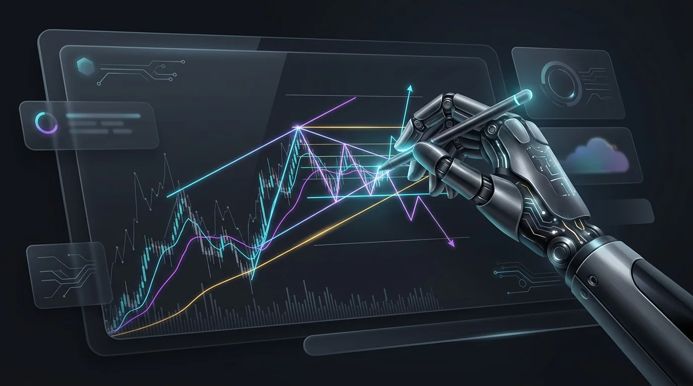 Robotic hand automatically drawing technical analysis trendlines on a stock market chart for an AI trading tool.