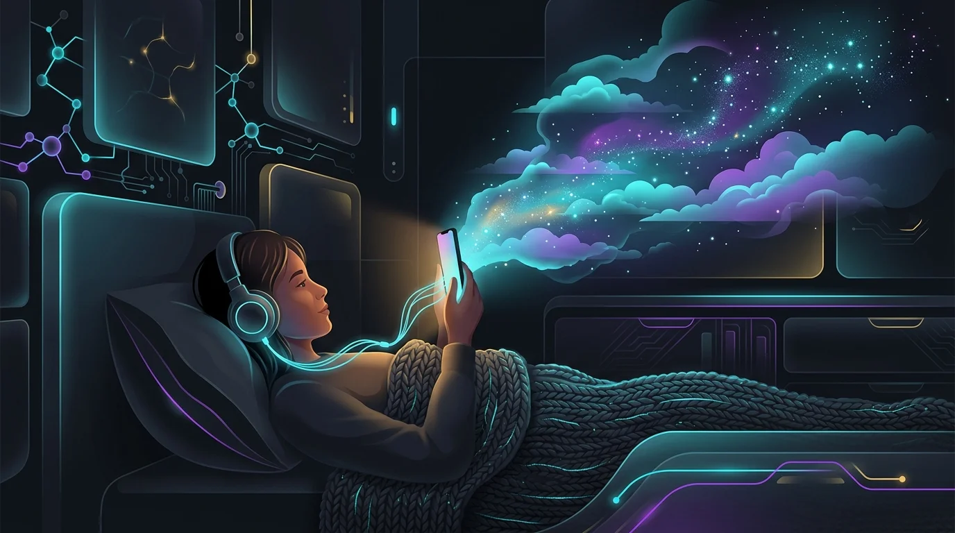 Person in bed wearing headphones listening to a Calm Sleep Story on a smartphone with a dreamlike interface.