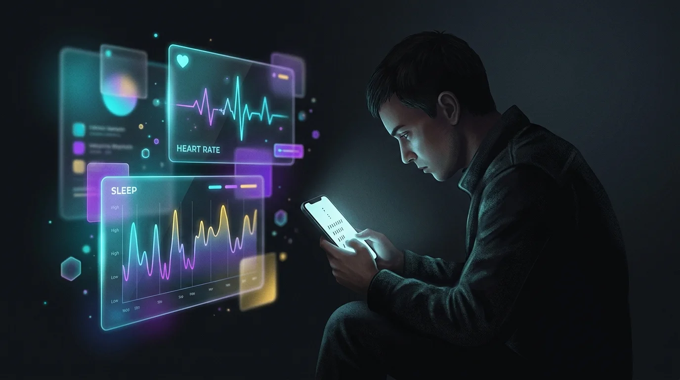 Smartphone displaying meditation streak numbers while ignored health data graphs hover in the background.