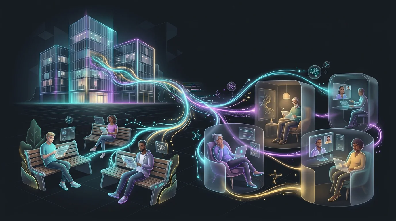 Digital thread connecting a clinical office to diverse people using Woebot AI CBT for accessible mental health support.