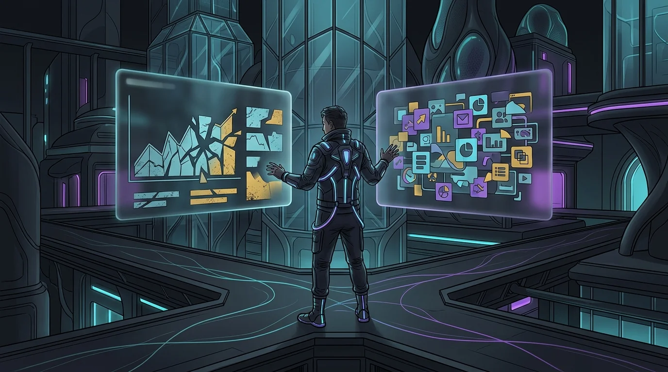 Person at a crossroads comparing a broken MacroFactor data graph to a cluttered Cronometer dashboard interface.
