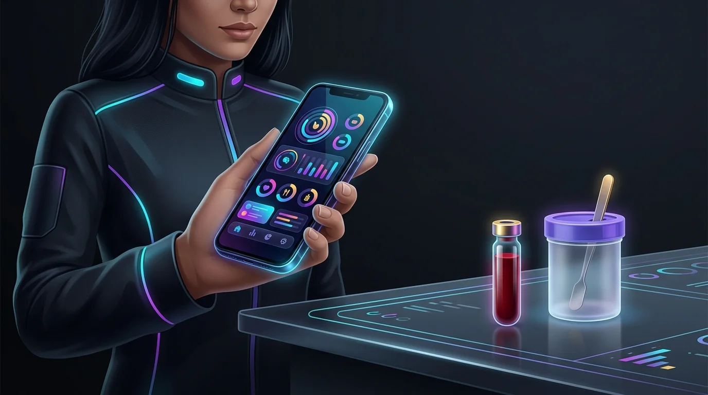 Smartphone displaying personalized Zoe food scores alongside a gut microbiome and blood fat testing kit.