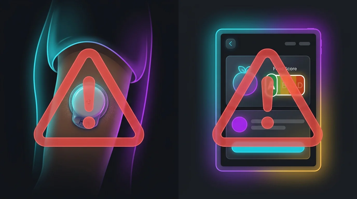 CGM sensor on arm and tablet food score with caution symbols highlighting the limitations of glucose monitoring.