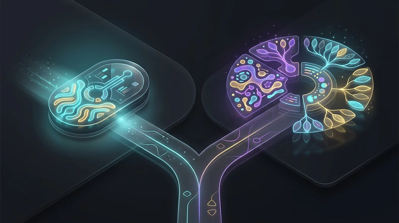 Diverging paths showing a real-time glucose sensor versus microbiome food predictions for CGM comparison.