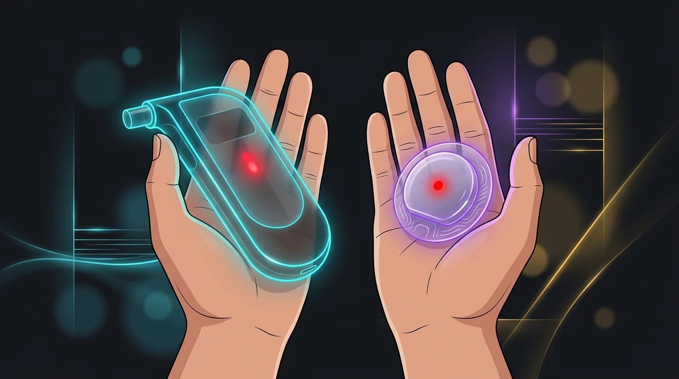 Handheld breath analyzer and glucose sensor patch side by side, illustrating metabolic tracking limitations.