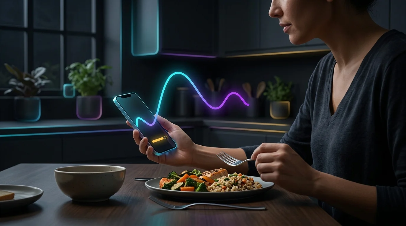 Person viewing a real-time glucose line graph on their smartphone while eating to track metabolic response.