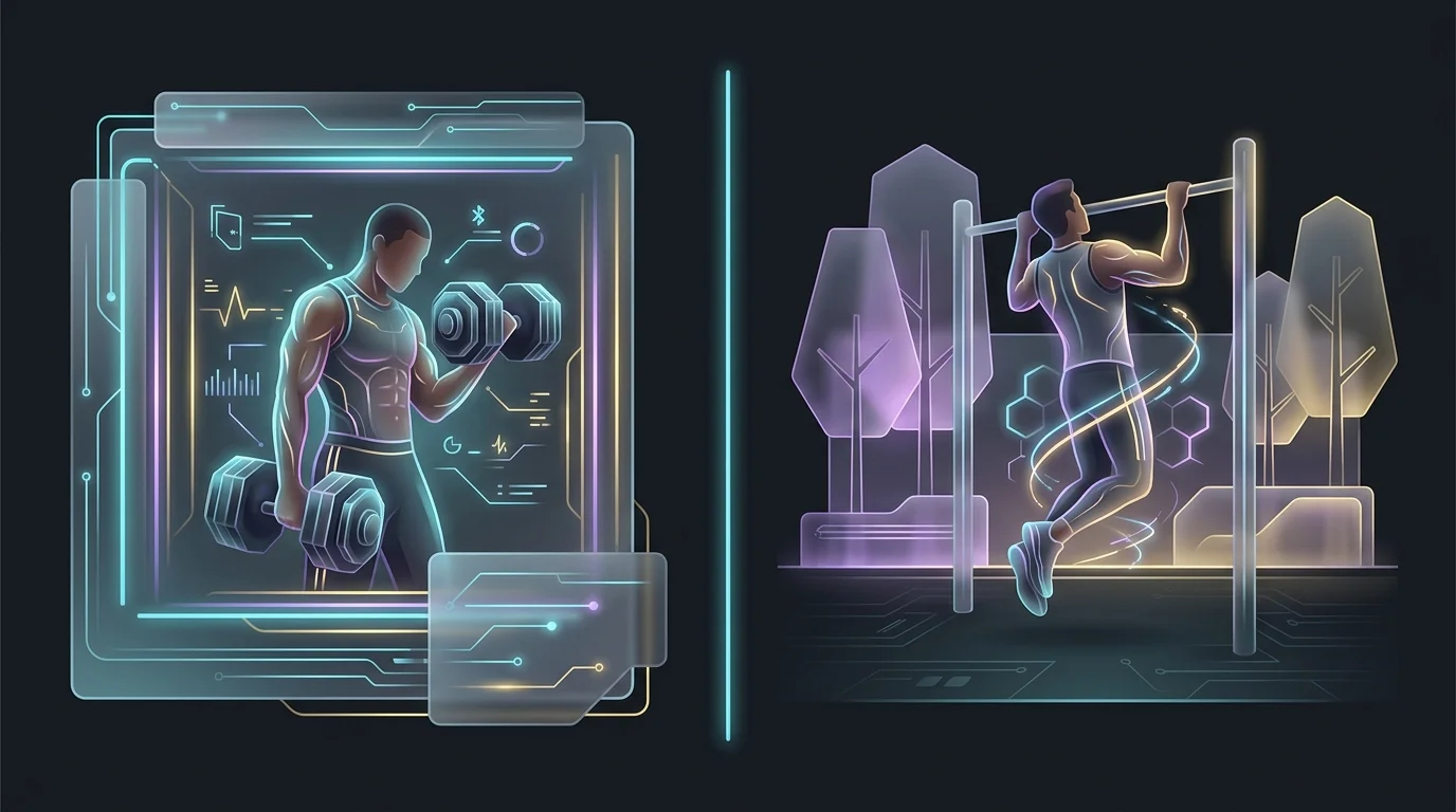 Person lifting dumbbells in a gym versus performing bodyweight exercises in a park for Fitbod vs Freeletics comparison.