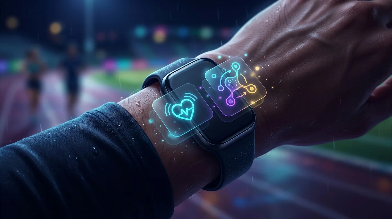 Whoop 4.0 fitness tracker on a runner's wrist displaying heart rate and recovery metrics for continuous health monitoring.