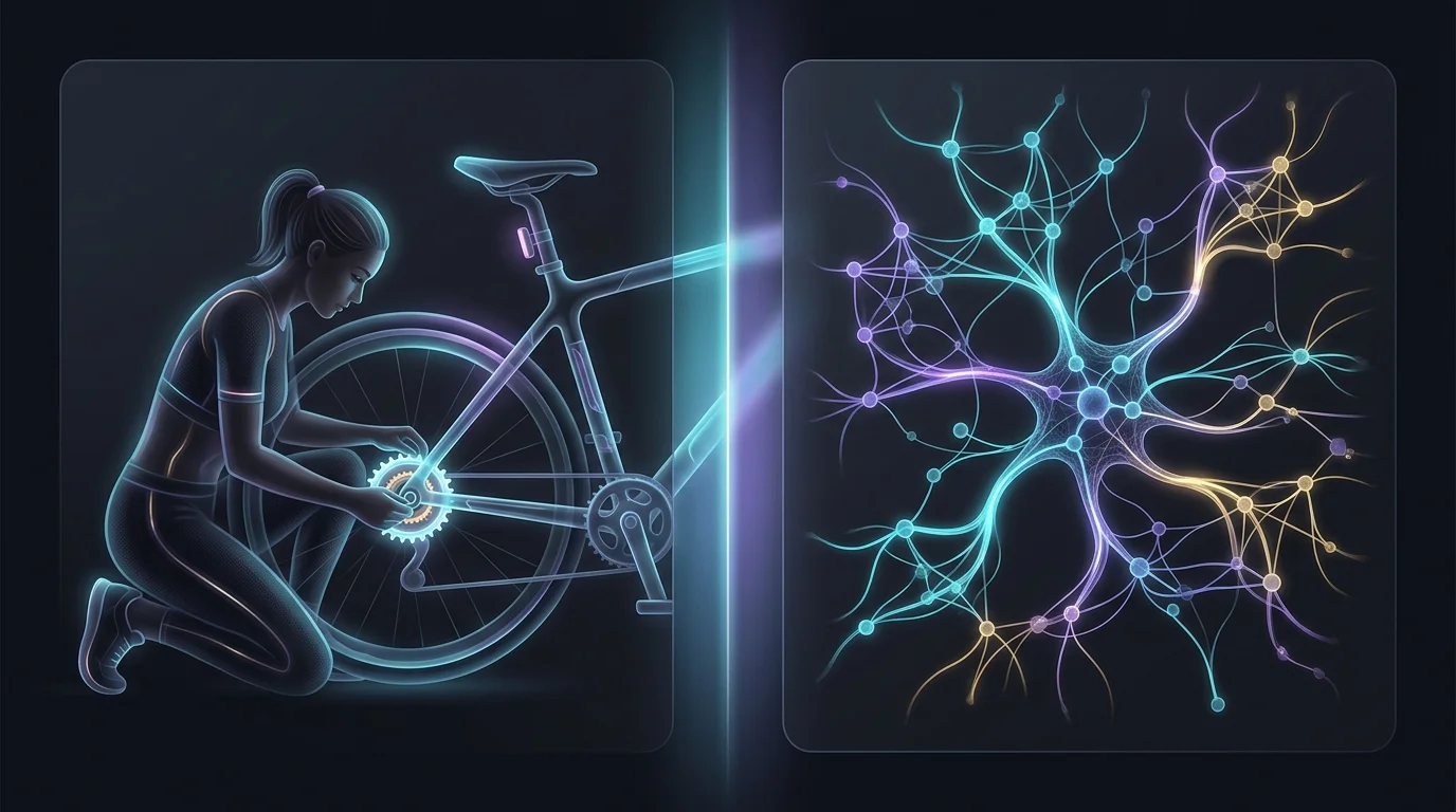 Split screen showing manual gear adjustment versus a complex AI neural network shifting a running training path.