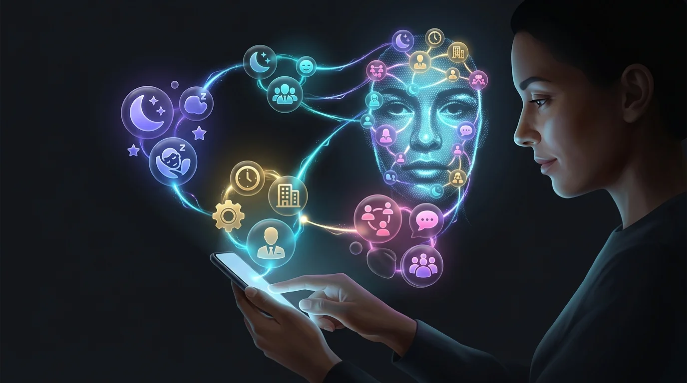 Smartphone screen showing how Youper AI organizes daily mood factors into an interconnected emotional portrait.