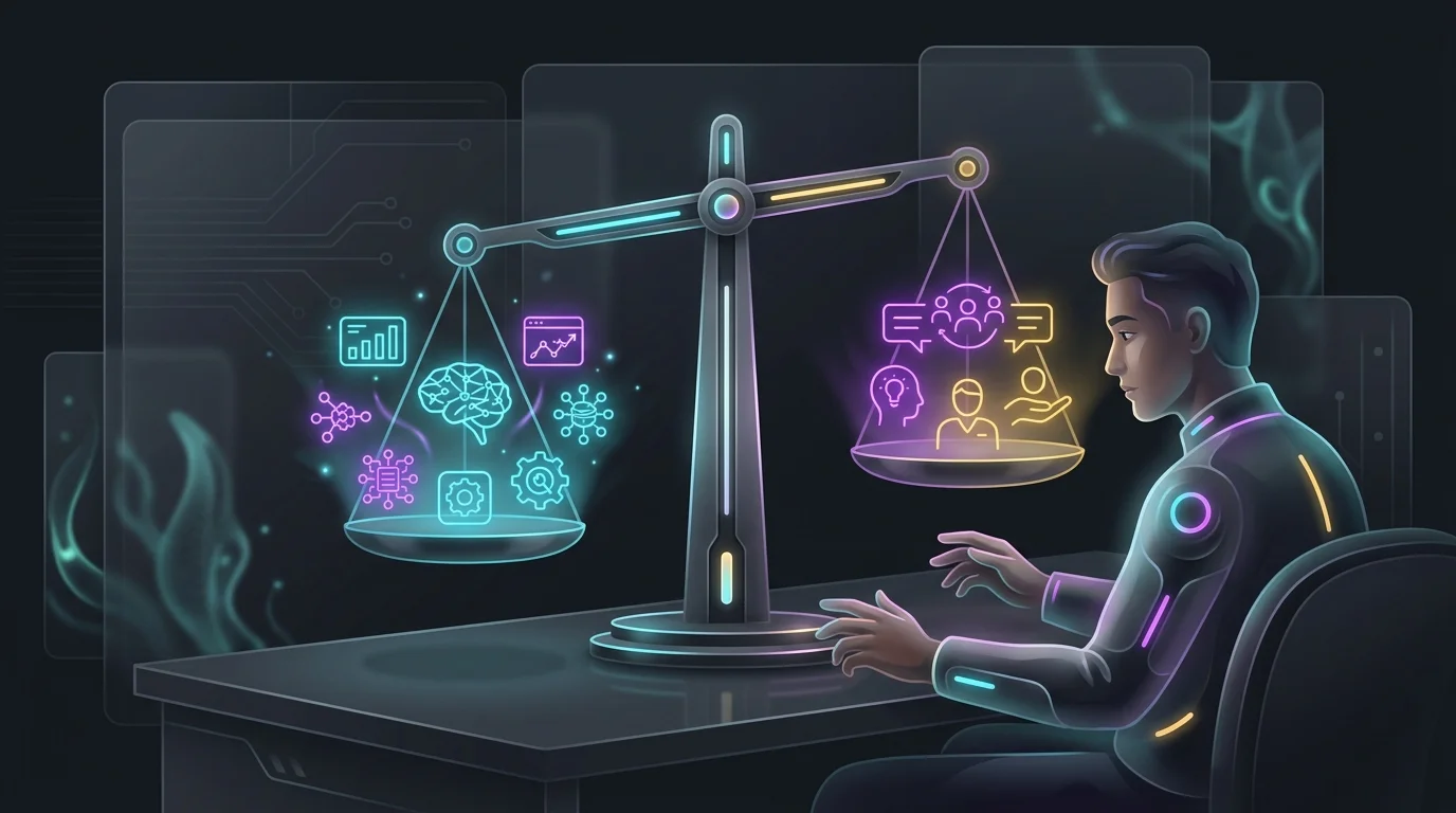 Person weighing AI mood coach subscription plans against human coaching options on a scale.
