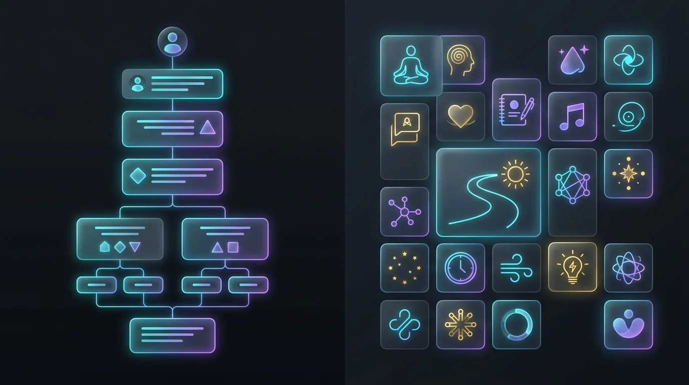 Split-screen graphic comparing Youper structured chat flow and Wysa self-directed AI mood coach tools.