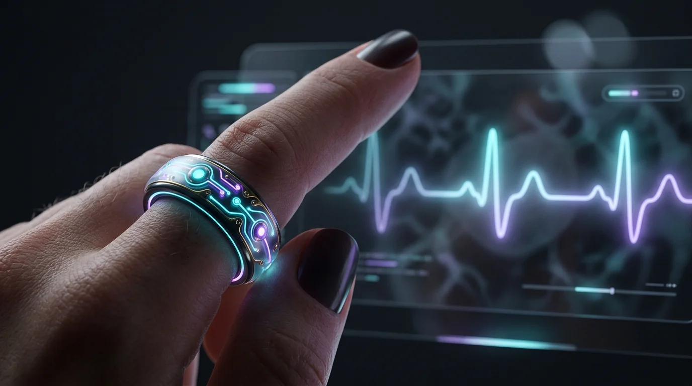 Oura ring finger sensor tracking a pulse wave for accurate sleep stage estimation.