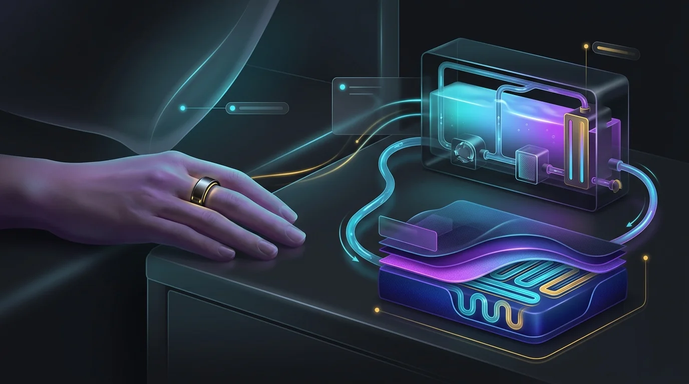 Oura ring on a finger beside an Eight Sleep cooling hub illustrating sleep tracking and temperature regulation tech.